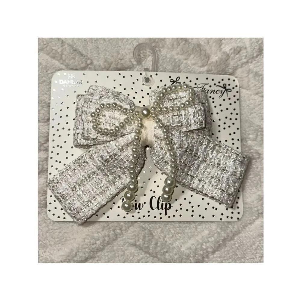 DANBAR GLOBAL Child Adult Ivory Gold White Tweed Faux Pearl Over Bow Hair Clip